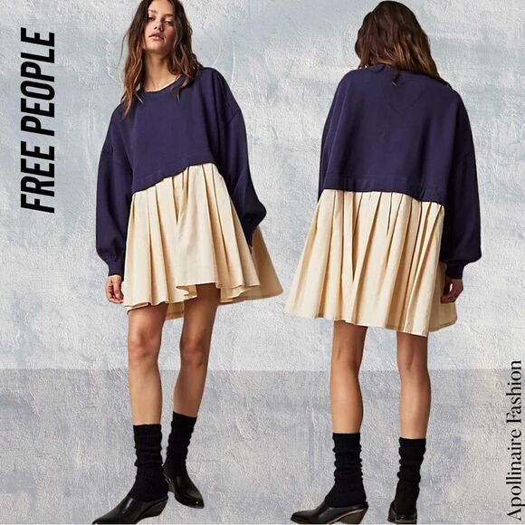 FREE PEOPLE ELEANOR TUNIC DRESS MEDIUM NAVY TAN COMBO NWOT - Picture 1 of 7
